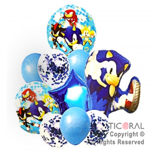 SET DE GLOBOS METALIZADOS SONIC Y LATEX CON CONFETI x 10 UNIDADES